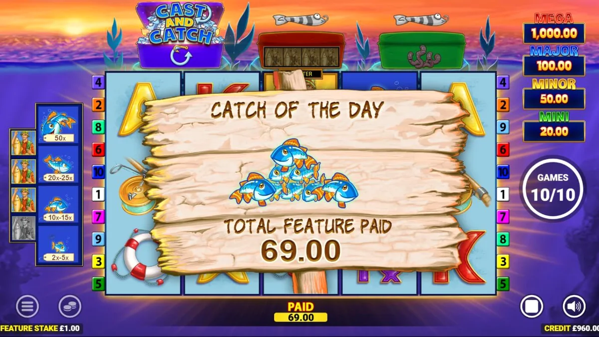 Tampilan visual slot Fishin Frenzy Lure Em In dengan latar belakang danau yang tenang dan simbol bertema memancing.